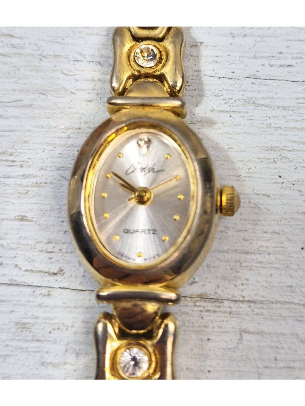 Vintage Cherish Gold Tone Bracelet Watch Abalone Shell Rhinestones Quartz